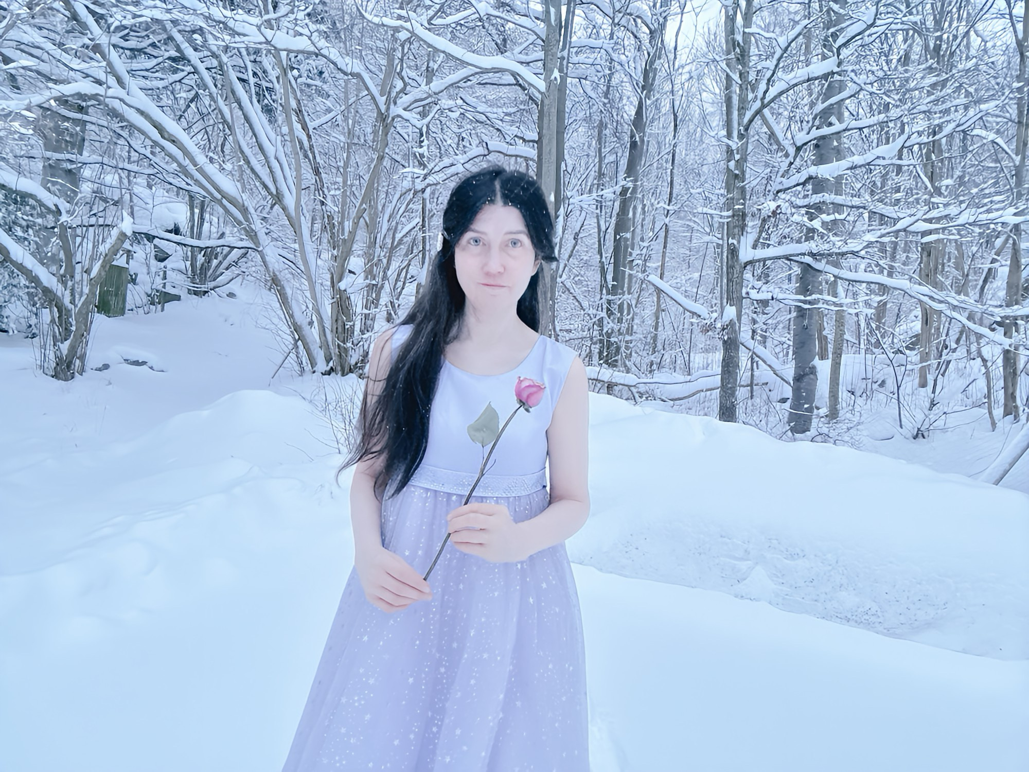 Holding a rose in the snow